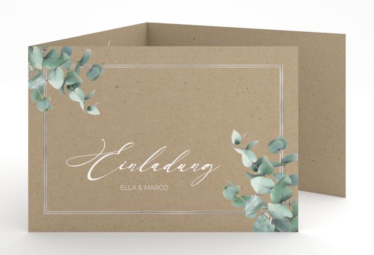 Hochzeitseinladung Eucalypt A6 Doppel-Klappkarte Kraftpapier silber mit Eukalyptus und edlem Rahmen