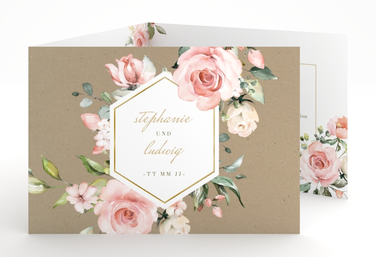 Hochzeitseinladung Graceful A6 Doppel-Klappkarte Kraftpapier gold mit Rosenblüten in Rosa und Weiß