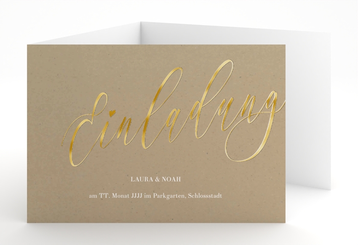 Hochzeitseinladung Kalligrafie A6 Doppel-Klappkarte Kraftpapier gold
