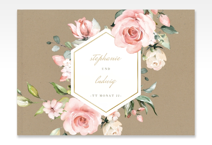 Gästebuch A4 quer Graceful A4 quer, Hardcover Kraftpapier gold mit Rosenblüten in Rosa und Weiß