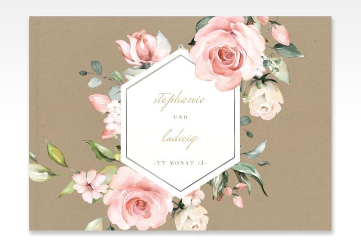 Gästebuch A4 quer Graceful A4 quer, Hardcover Kraftpapier silber mit Rosenblüten in Rosa und Weiß