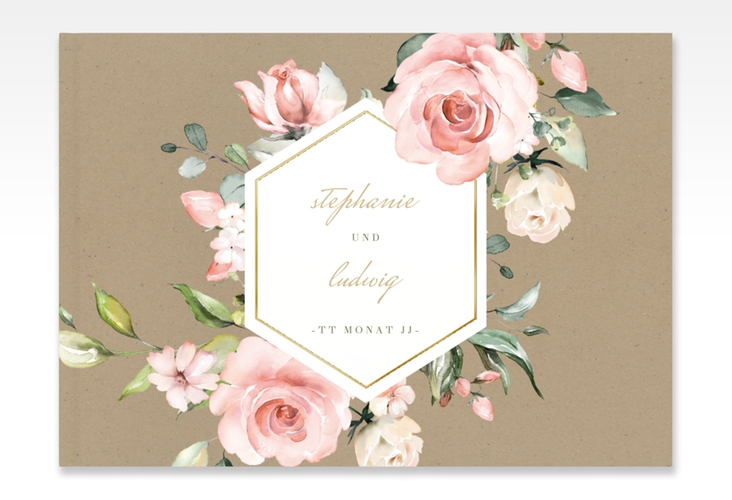 Gästebuch A4 quer Graceful A4 quer, Hardcover Kraftpapier gold mit Rosenblüten in Rosa und Weiß