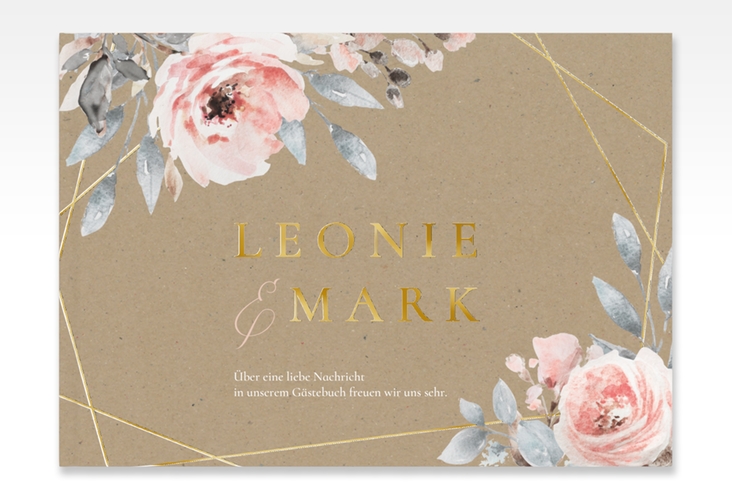 Gästebuch A4 quer Perfection A4 quer, Hardcover Kraftpapier gold mit rosa Rosen