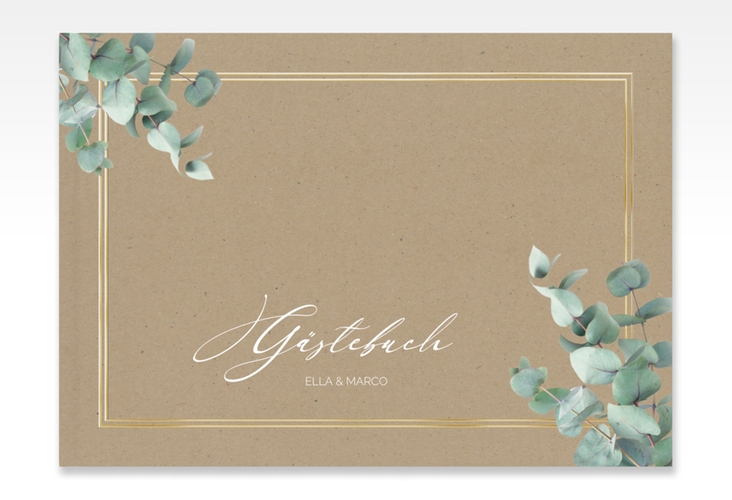 Gästebuch A4 quer Eucalypt A4 quer, Hardcover Kraftpapier gold mit Eukalyptus und edlem Rahmen