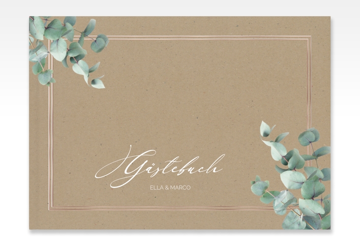 Gästebuch A4 quer Eucalypt A4 quer, Hardcover Kraftpapier rosegold mit Eukalyptus und edlem Rahmen