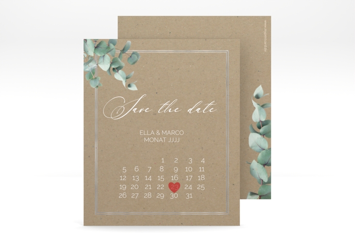 Save the Date-Kalenderblatt Eucalypt Kalenderblatt-Karte Kraftpapier silber mit Eukalyptus und edlem Rahmen