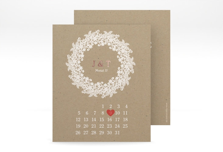 Save the Date-Kalenderblatt Mariage Kalenderblatt-Karte Kraftpapier rosegold mit Bogen aus weißer Spitze