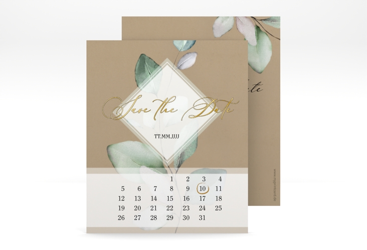 Save the Date-Kalenderblatt Foglia Kalenderblatt-Karte Kraftpapier gold edel mit Eukalyptus im Aquarell-Design