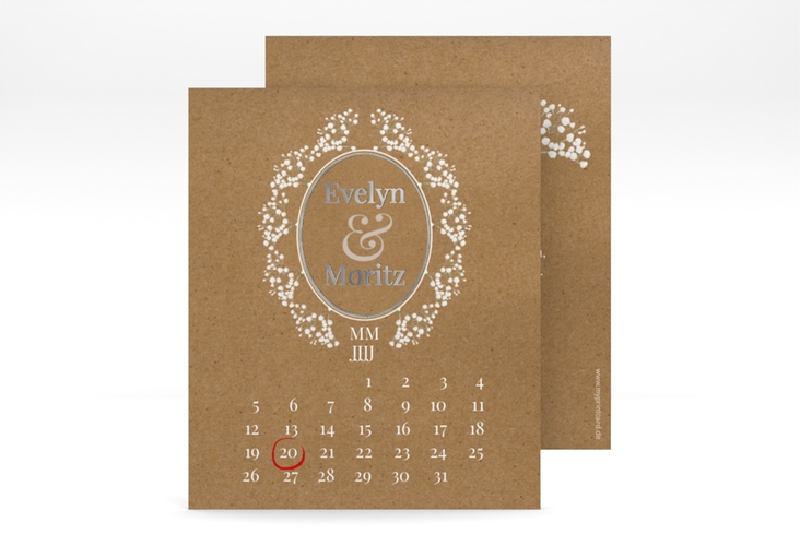 Save the Date-Kalenderblatt Gypsophila Kalenderblatt-Karte Kraftpapier silber im Vintage-Stil mit Blumenkranz aus Schleierkraut