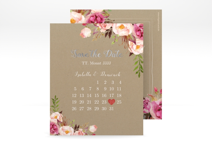 Save the Date-Kalenderblatt Flowers Kalenderblatt-Karte Kraftpapier silber mit bunten Aquarell-Blumen