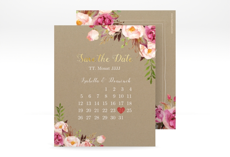 Save the Date-Kalenderblatt Flowers Kalenderblatt-Karte Kraftpapier gold mit bunten Aquarell-Blumen