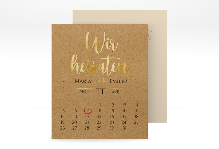 Save the Date-Kalenderblatt Noble Kalenderblatt-Karte Kraftpapier gold mit elegantem Schriftzug