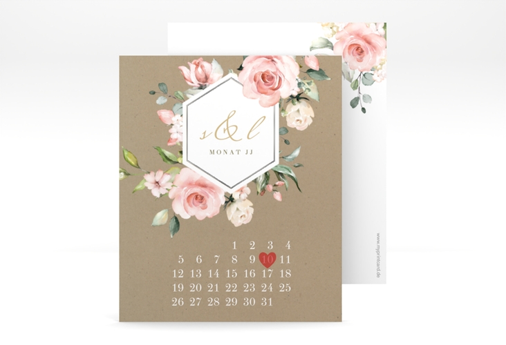 Save the Date-Kalenderblatt Graceful Kalenderblatt-Karte Kraftpapier silber mit Rosenblüten in Rosa und Weiß