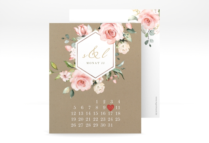 Save the Date-Kalenderblatt Graceful Kalenderblatt-Karte Kraftpapier rosegold mit Rosenblüten in Rosa und Weiß