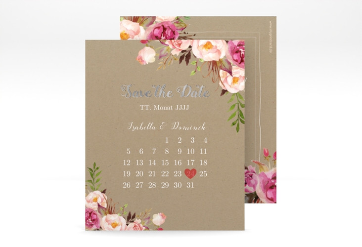 Save the Date-Kalenderblatt Flowers Kalenderblatt-Karte Kraftpapier silber mit bunten Aquarell-Blumen