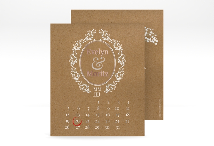 Save the Date-Kalenderblatt Gypsophila Kalenderblatt-Karte Kraftpapier rosegold im Vintage-Stil mit Blumenkranz aus Schleierkraut