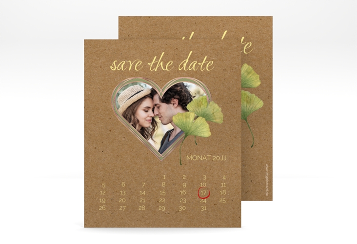 Save the Date-Kalenderblatt Ginko Kalenderblatt-Karte Kraftpapier rosegold mit Herz und zwei Ginkgo-Blättern
