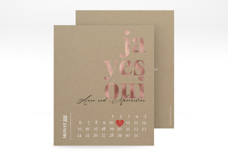 Save the Date-Kalenderblatt Oui Kalenderblatt-Karte Kraftpapier rosegold mit Ja-Wort in verschiedenen Sprachen