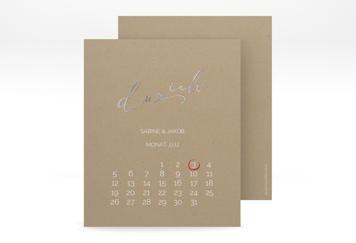 Save the Date-Kalenderblatt Zweisamkeit Kalenderblatt-Karte Kraftpapier silber im minimalistischen Stil mit Aufschrift du & ich