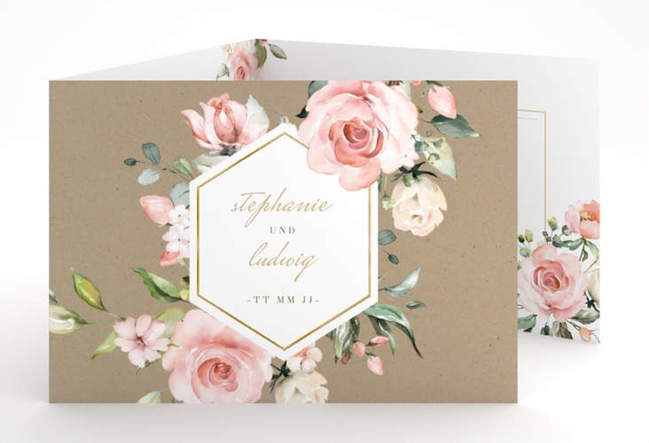 Hochzeitseinladung Graceful A6 Doppel-Klappkarte Kraftpapier gold mit Rosenblüten in Rosa und Weiß
