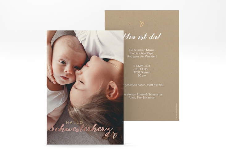 Geburtskarte Schwesterherz A6 Karte hoch Kraftpapier rosegold