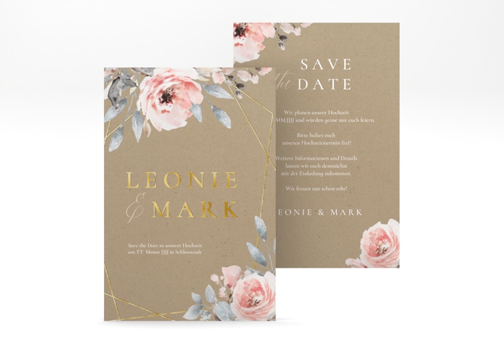 Save the Date-Karte Perfection A6 Karte hoch Kraftpapier gold mit rosa Rosen