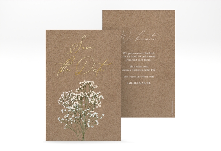 Save the Date-Karte Schleierkraut A6 Karte hoch Kraftpapier gold