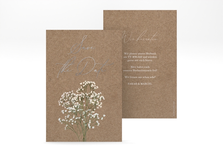 Save the Date-Karte Schleierkraut A6 Karte hoch Kraftpapier silber