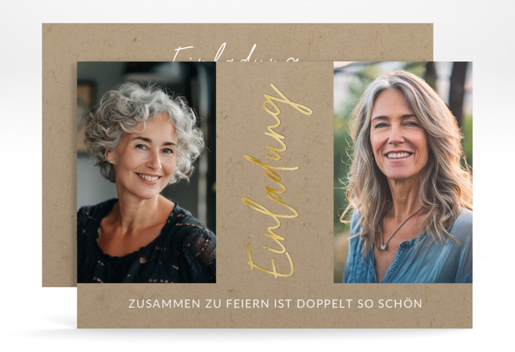 Einladung Geburtstag Zusammen A6 Karte quer Kraftpapier gold