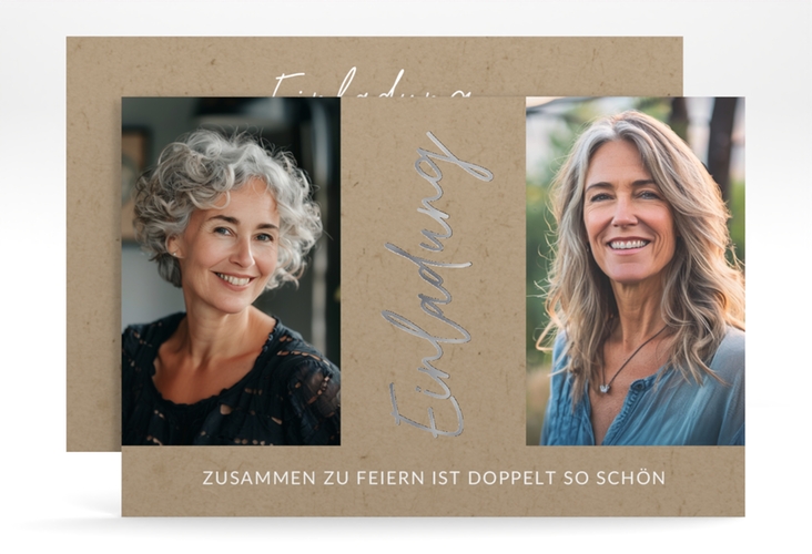 Einladung Geburtstag Zusammen A6 Karte quer Kraftpapier silber