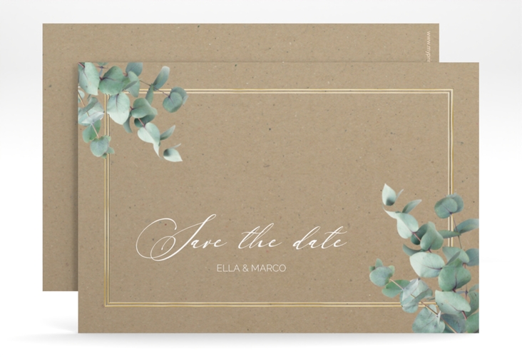 Save the Date-Karte Eucalypt A6 Karte quer Kraftpapier gold mit Eukalyptus und edlem Rahmen