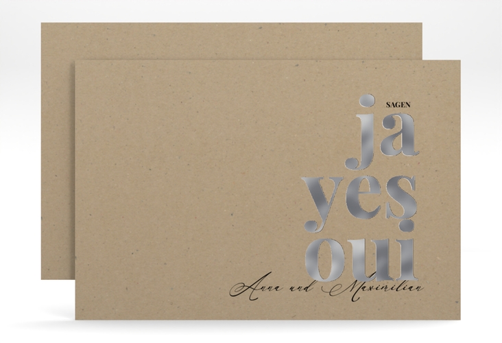 Save the Date-Karte Oui A6 Karte quer Kraftpapier silber mit Ja-Wort in verschiedenen Sprachen