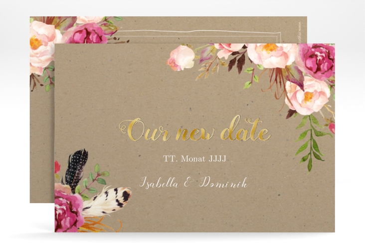 Change the Date-Karte Flowers A6 Karte quer Kraftpapier gold mit bunten Aquarell-Blumen