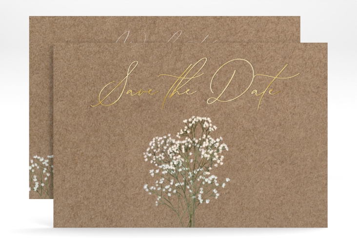 Save the Date-Karte Schleierkraut A6 Karte quer Kraftpapier gold