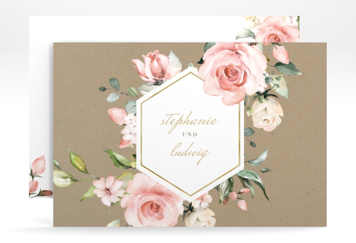 Change the Date-Karte Graceful A6 Karte quer Kraftpapier gold mit Rosenblüten in Rosa und Weiß