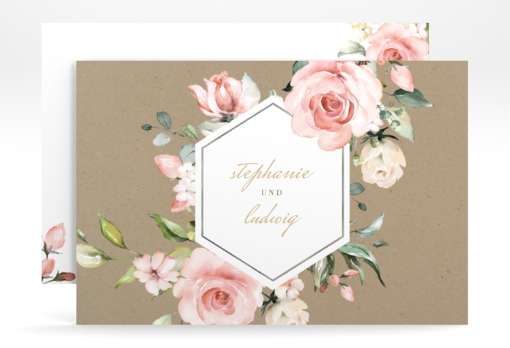 Change the Date-Karte Graceful A6 Karte quer Kraftpapier silber mit Rosenblüten in Rosa und Weiß