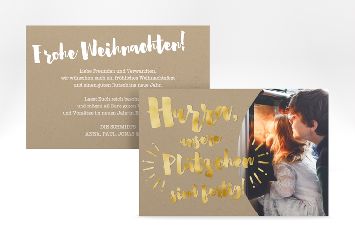 Weihnachtskarte Plätzchen A6 Karte quer Kraftpapier gold für Weihnachtsgrüße mit Familienfoto