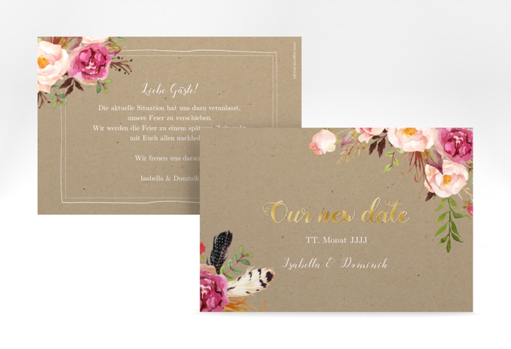 Change the Date-Karte Flowers A6 Karte quer Kraftpapier gold mit bunten Aquarell-Blumen