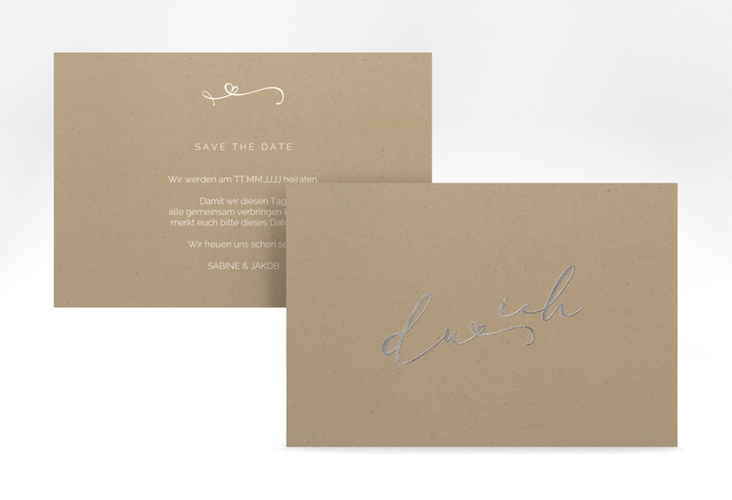 Save the Date-Karte Zweisamkeit A6 Karte quer Kraftpapier silber im minimalistischen Stil mit Aufschrift du & ich