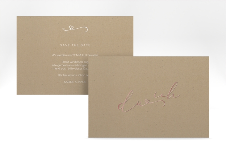 Save the Date-Karte Zweisamkeit A6 Karte quer Kraftpapier rosegold im minimalistischen Stil mit Aufschrift du & ich