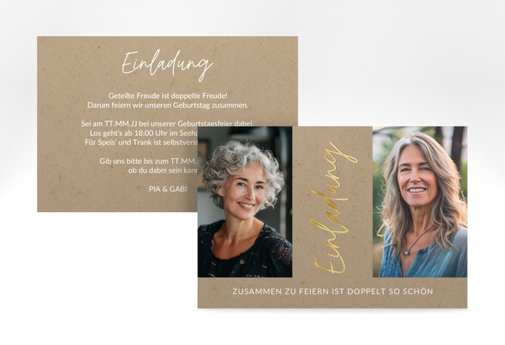Einladung Geburtstag Zusammen A6 Karte quer Kraftpapier gold