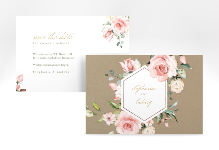 Save the Date-Karte Graceful A6 Karte quer Kraftpapier rosegold mit Rosenblüten in Rosa und Weiß