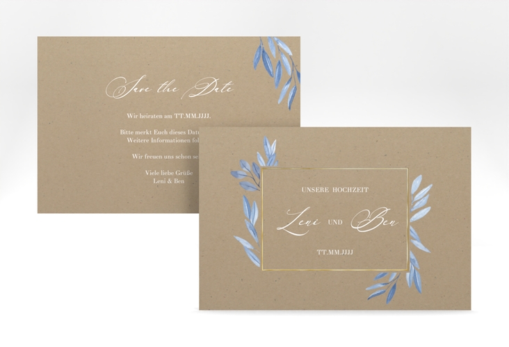 Save the Date-Karte Classicblue A6 Karte quer Kraftpapier gold