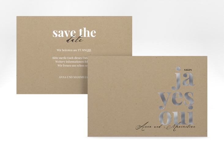 Save the Date-Karte Oui A6 Karte quer Kraftpapier silber mit Ja-Wort in verschiedenen Sprachen