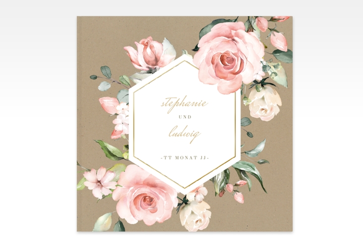 Gästebuch Creation Graceful 20 x 20 cm, Hardcover Kraftpapier gold mit Rosenblüten in Rosa und Weiß