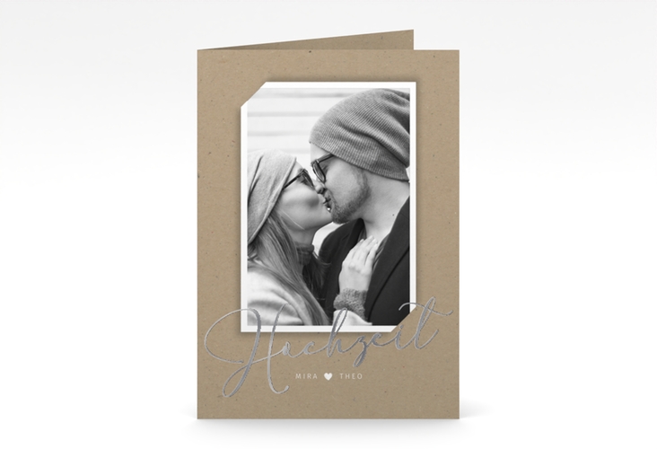 Einladungskarte Hochzeit Crafty A6 Klappkarte hoch Kraftpapier silber mit Foto des Brautpaars