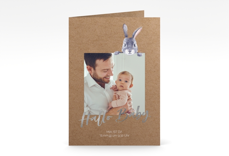 Geburtskarte Hasi A6 Klappkarte hoch Kraftpapier silber