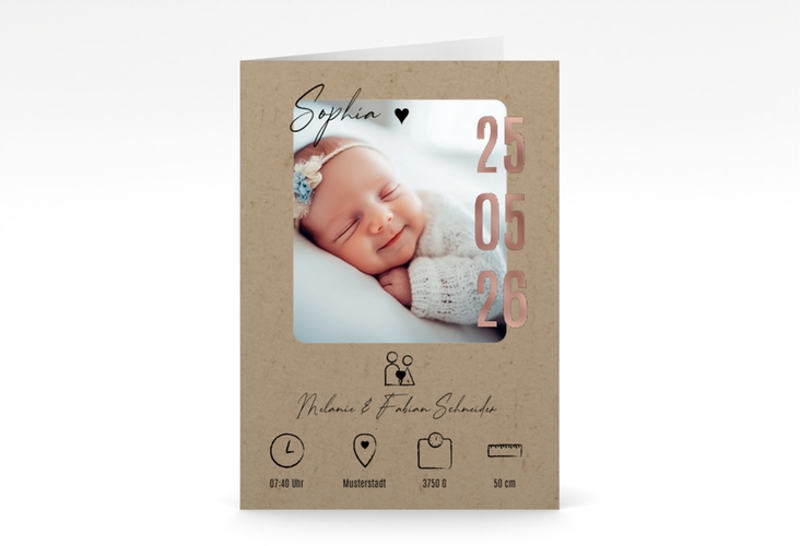 Geburtskarte Erster Blick A6 Klappkarte hoch Kraftpapier rosegold
