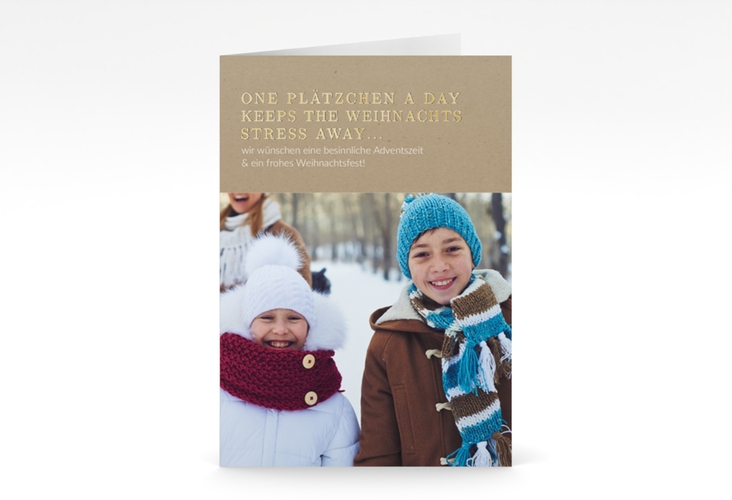 Weihnachtskarte Familienzauber A6 Klappkarte hoch Kraftpapier gold