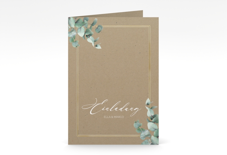 Einladungskarte Hochzeit Eucalypt A6 Klappkarte hoch Kraftpapier gold mit Eukalyptus und edlem Rahmen